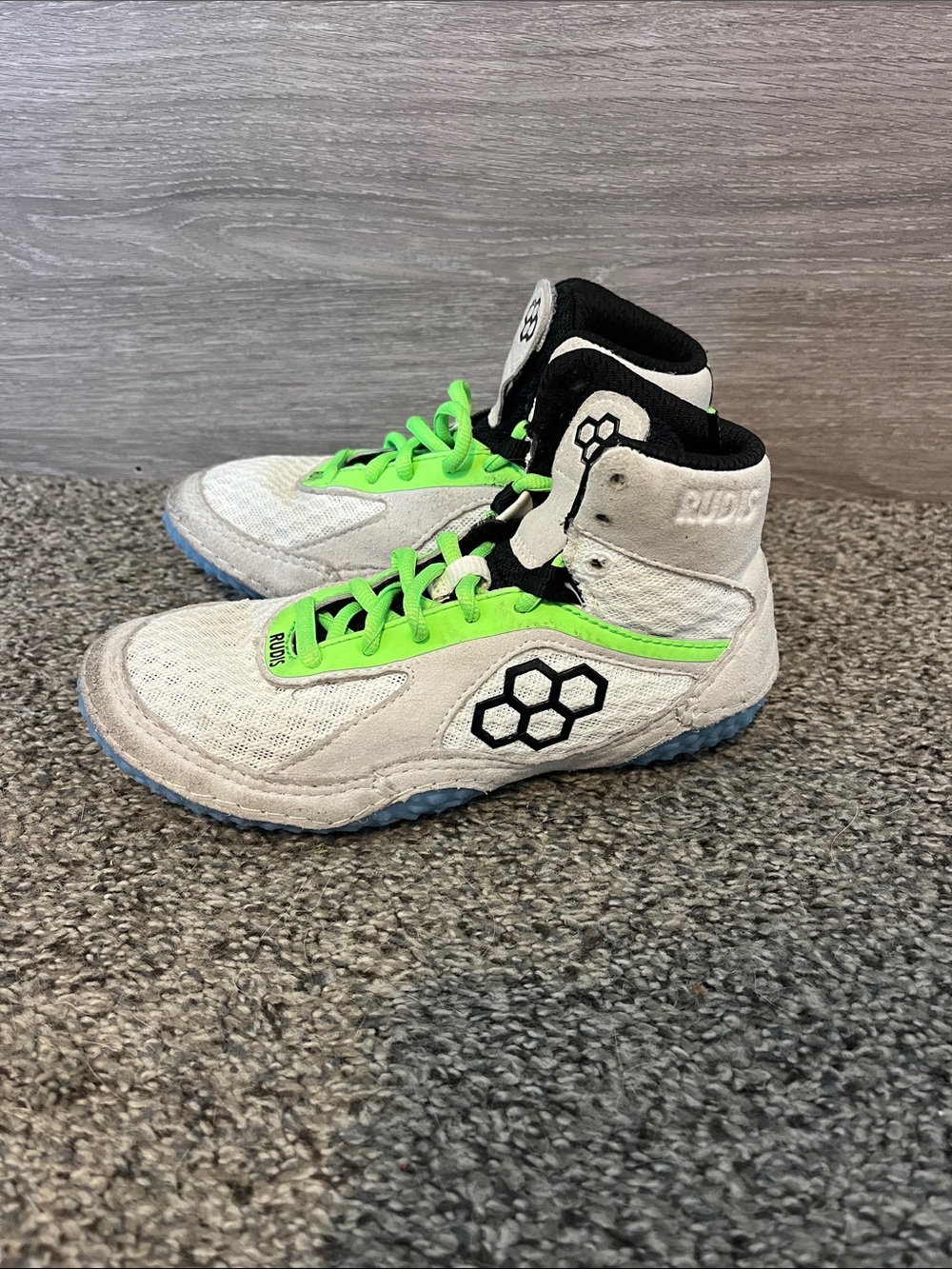 Rudis Kids Wrestling Shoes in White with Neon Green Accents
